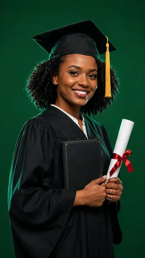 Estudante sorridente de beca e capelo, com um livro e um diploma na mão