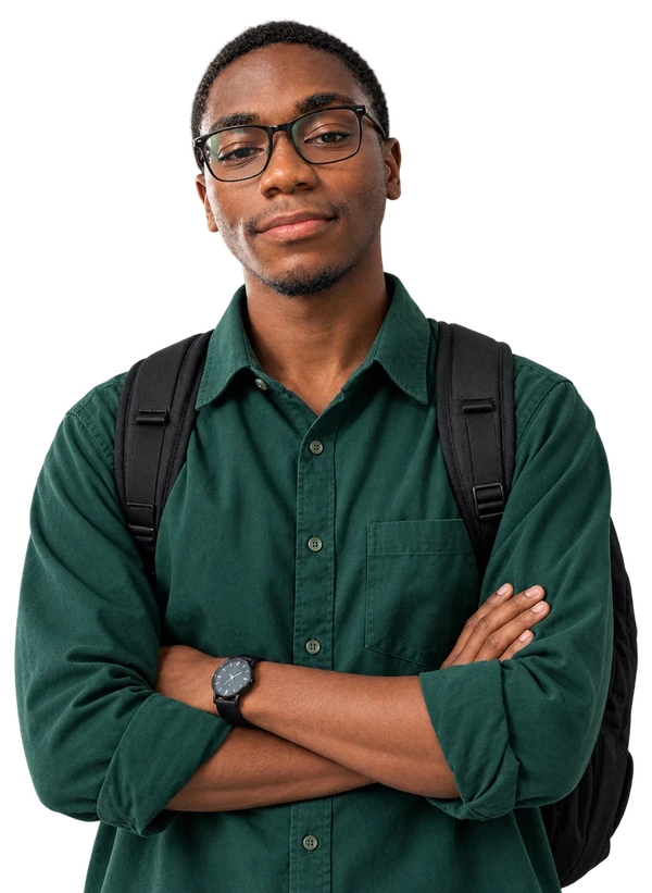Jovem de óculos e camisa verde, de braços cruzados, com uma mochila às costas